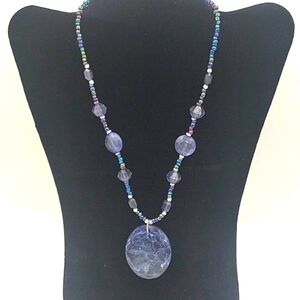 Vintage Beaded Necklace with Large Oval Medallion Blue Gray Color